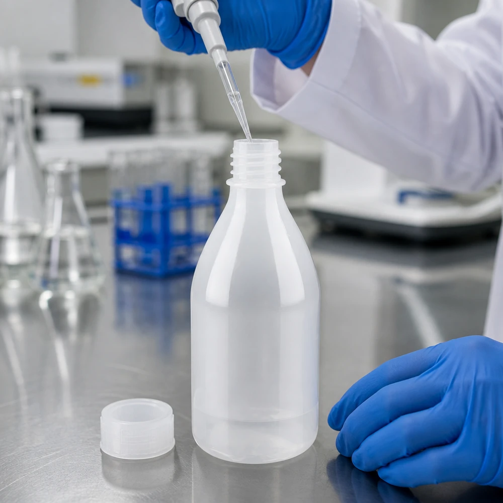 100 ml plastflaskor med smal hals utan lock, vita och genomskinliga, på laboratoriebordet
