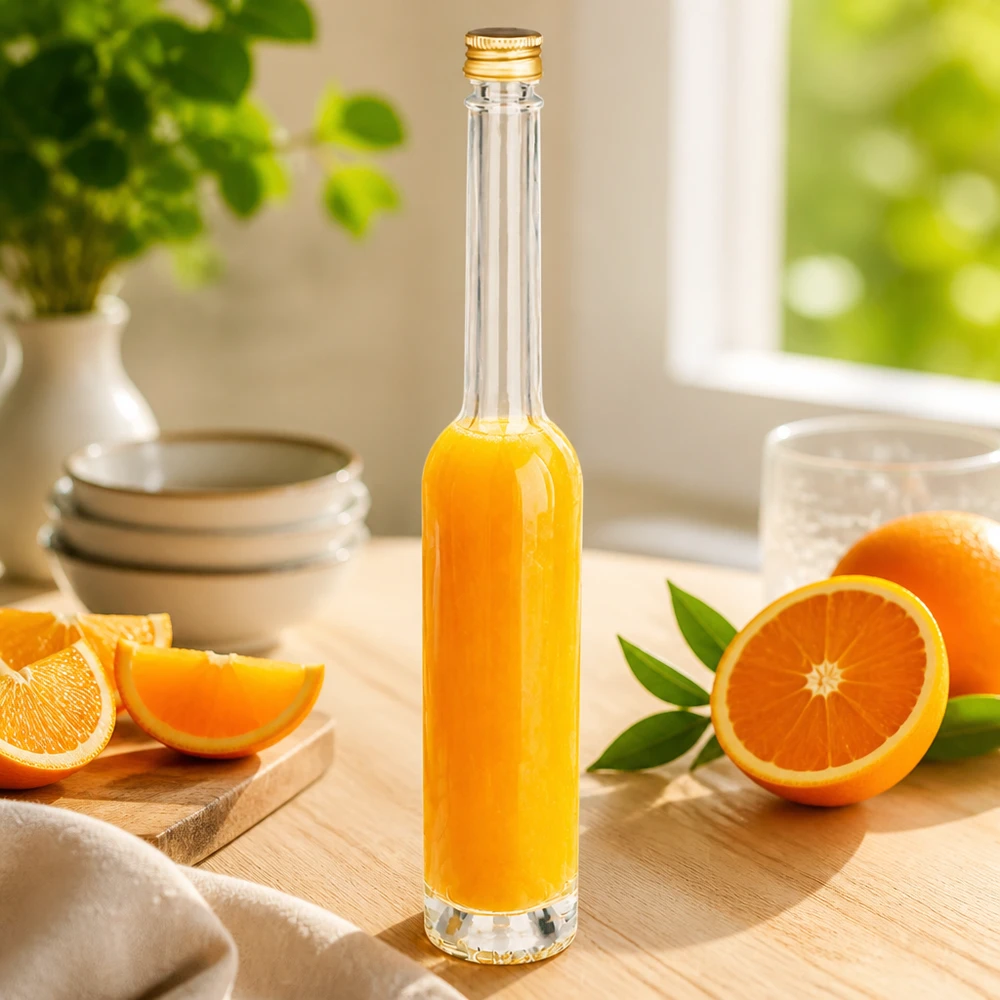 100 ml glasflaska Toni och skruvkork silver UNiTWIST® 100 ml glasflaska Toni fylld med apelsinjuice - gyllene UNiTWIST skruvkork i kökslandskap med färska apelsiner