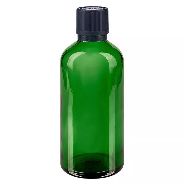 Apoteksflaska grön 100ml dropplock premium 1mm svart barnsäkert manipuleringsskydd Apoteksflaska grön 100ml dropplock premium 1mm svart barnsäkert manipuleringsskydd
