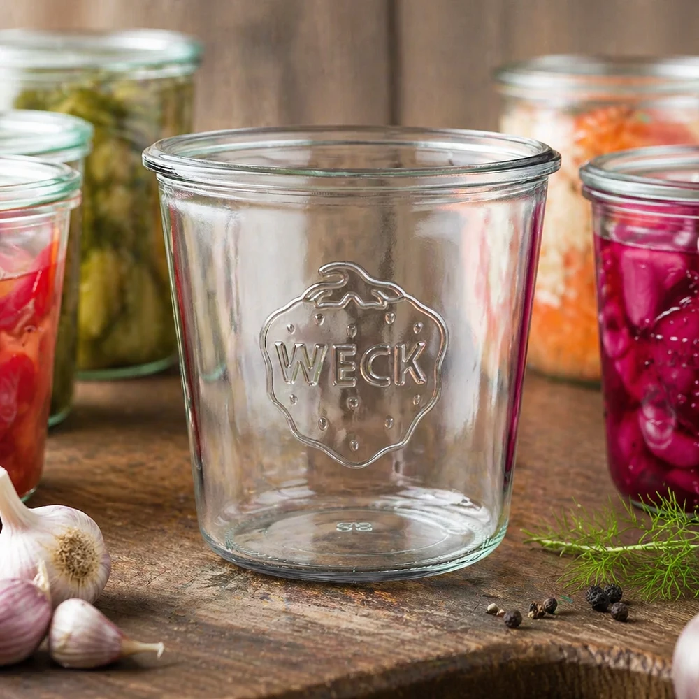 580ml Krossade glasögon WECK RR100 580 ml glasburk WECK RR100 tom med logotyp på träbord bredvid färgglada konserveringsburkar med grönsaker och vitlök
