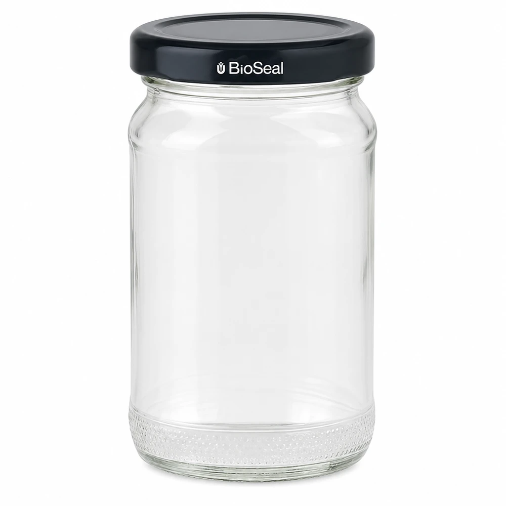 110ml rund burk + BioSeal-lock svart UNiTWIST UNiTWIST Runda110 konserveringsburk med svart TO48 BioSeal-lock - tom förvaringsburk av glas