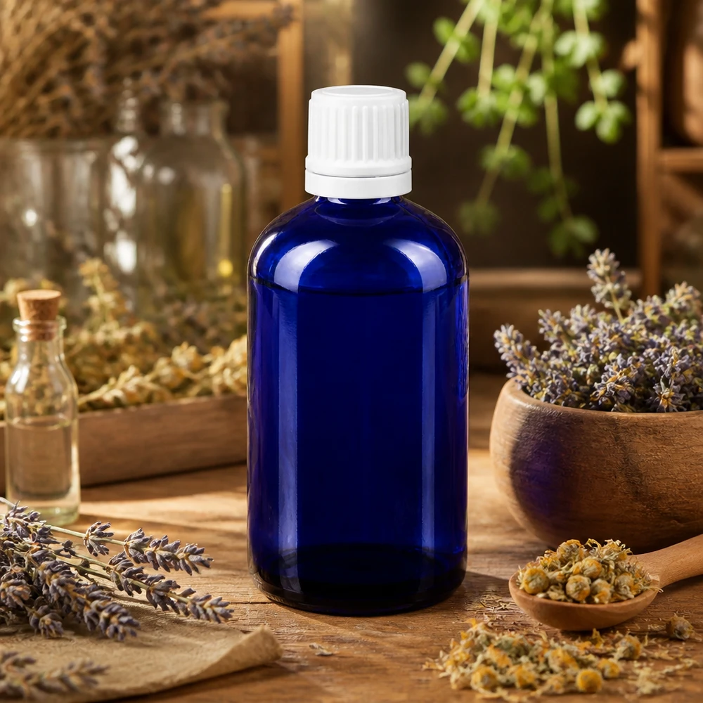 Apoteksflaska blå 100ml droppflaska 1.2mm vit barnsäker förslutning 100 ml droppflaska av koboltblått apotekerglas med vit OV-kork, med lavendel och kamomillblommor