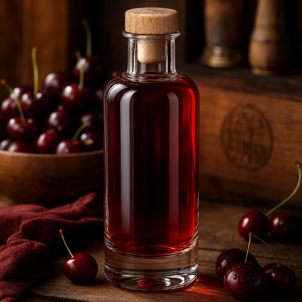 200 ml glasflaska Ella med kork med trähandtag UNiTWIST® Glasflasche Ella 200ml mit Holzkorken gefüllt mit rotem Kirschlikör zwischen frischen Kirschen auf warmem Holztisch