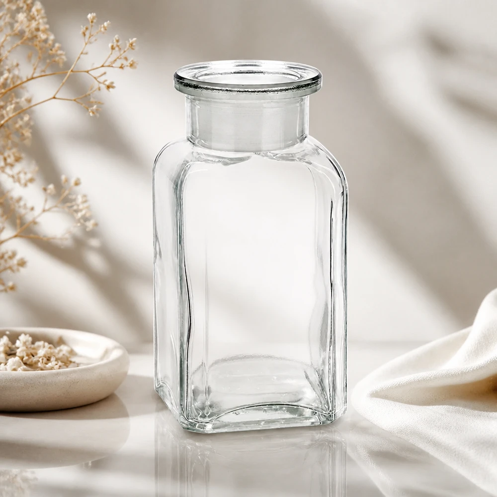 Fyrkantig flaska 100 ml klar bredhalsad glaspropp Tom, genomskinlig fyrkantig flaska på 100 ml med vid hals framför elegant vitt tyg och torkade blommor