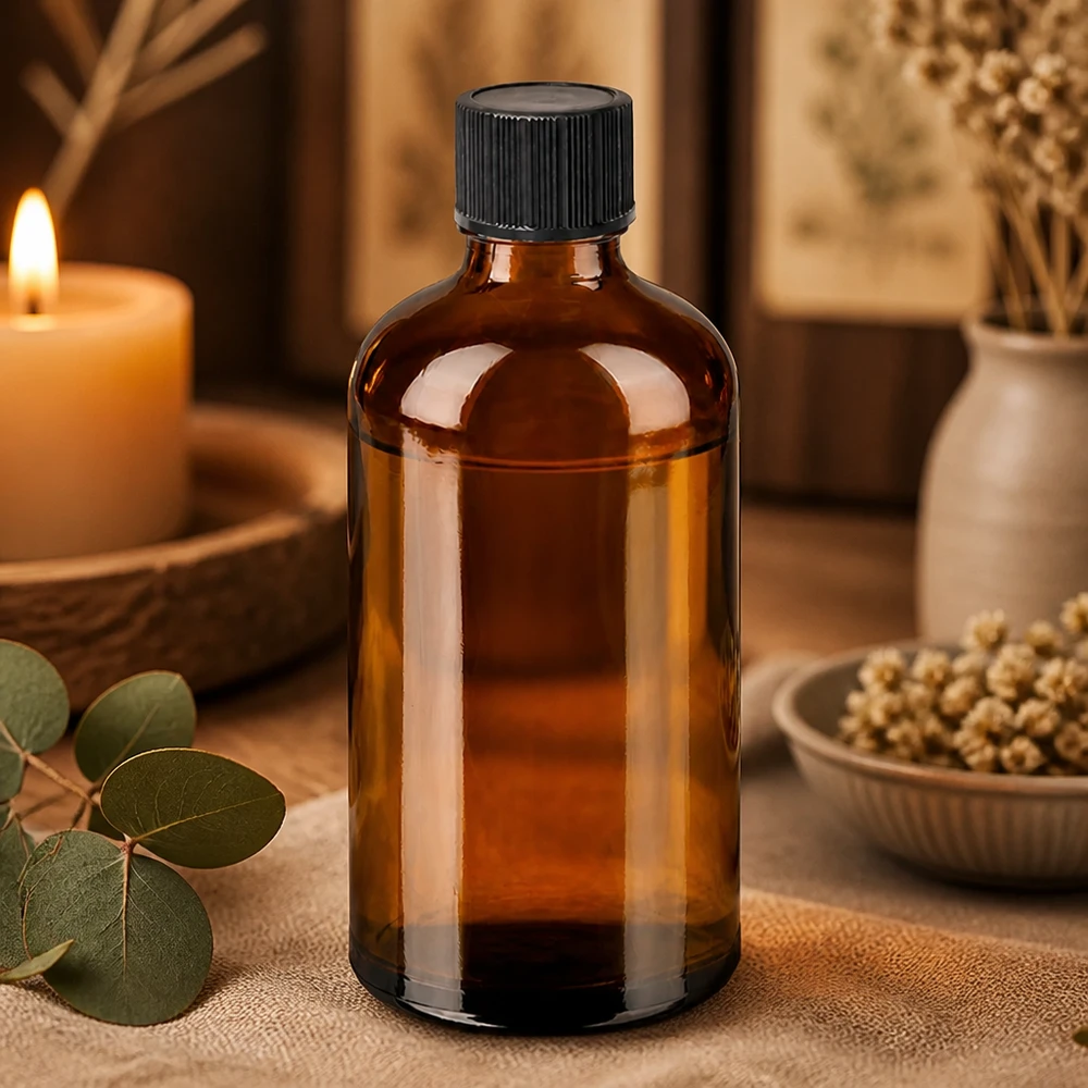 Högkvalitativ 100 ml droppflaska av brunt glas med svart standardlock för homeopati