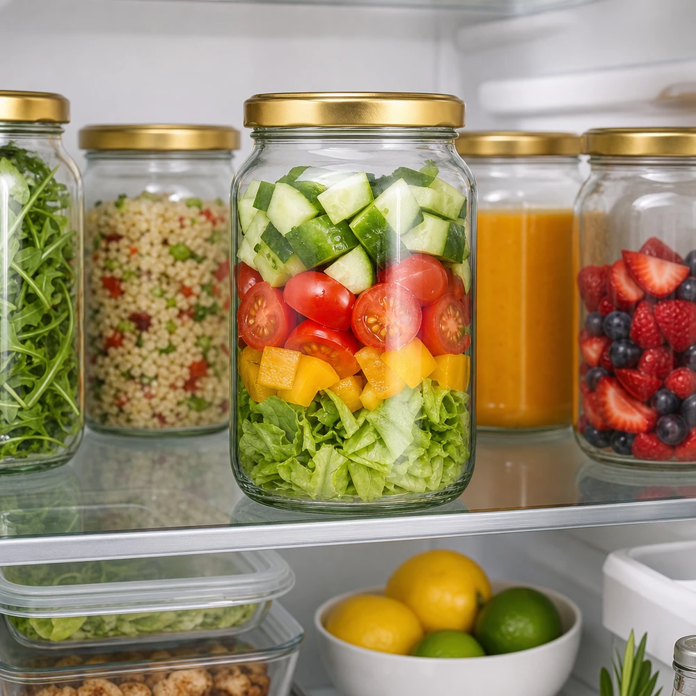 1700ml rund burk med BasicSeal-lock guld UNiTWIST 1700 ml rund burk med gyllene BasicSeal-lock i kylskåpet visar Meal Prep med sallad och hälsosam förvaring