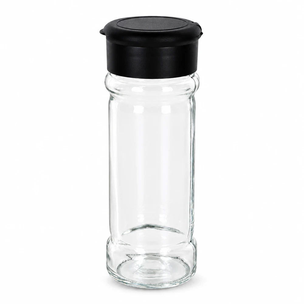 Salt-/kryddburk 100 ml med ströare, svart Cylindrisk kryddburk i klart glas, 100 ml, med svart plastlock med ströfunktion uppifrån