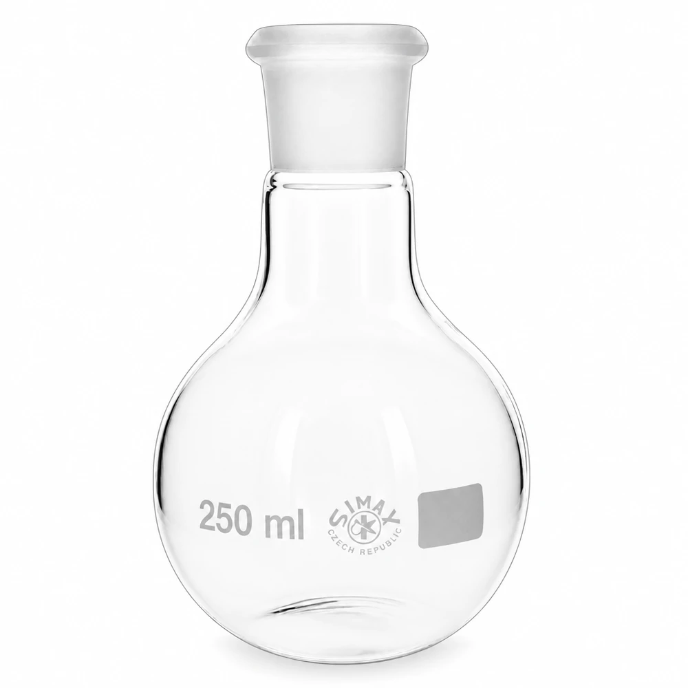 Höftkolv 250ml med standardslipad fog (29/32) Rund glaskolv 250ml med slipad standardfog 29/32 och propp för kemiska experiment