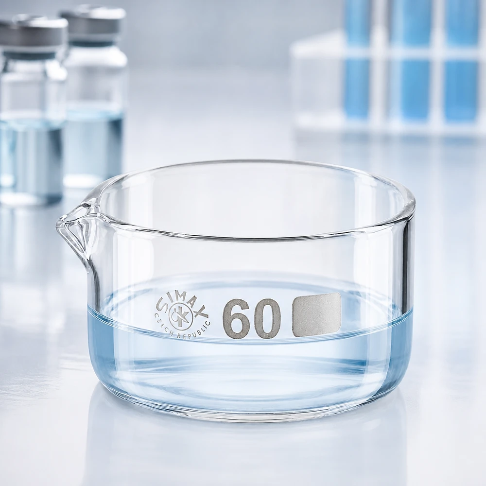 Kristallisationsskål 60 ml Simax, platt glasskål, med utlopp, markering på botten, laboratoriemodell, cylindrisk, klar