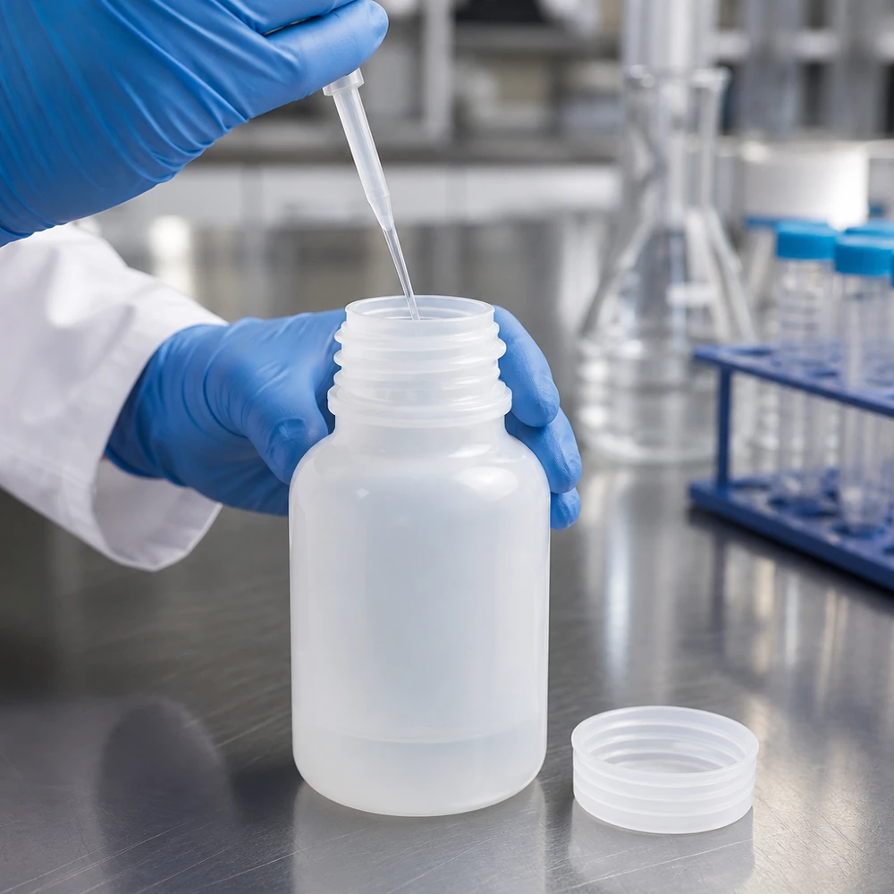 En laboratorietekniker fyller en 100 ml plastflaska med vid hals med hjälp av en pipett i ett professionellt laboratorium
