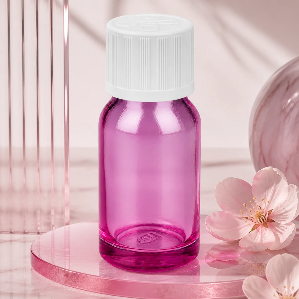 10ml flaska 11mm skruvkork vit standard barnsäker PurpleLine UT18/10 Elegant 10 ml flaska i PurpleLine-design med vitt dropplock för professionell användning
