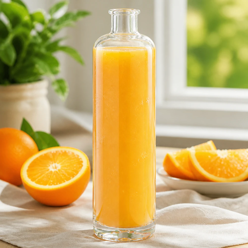 700 ml glasflaska Ella utan lock UNiTWIST® 700 ml glasflaska Ella fylld med färsk apelsinjuice bredvid apelsinskivor på ett ljust köksbord med växtdekoration