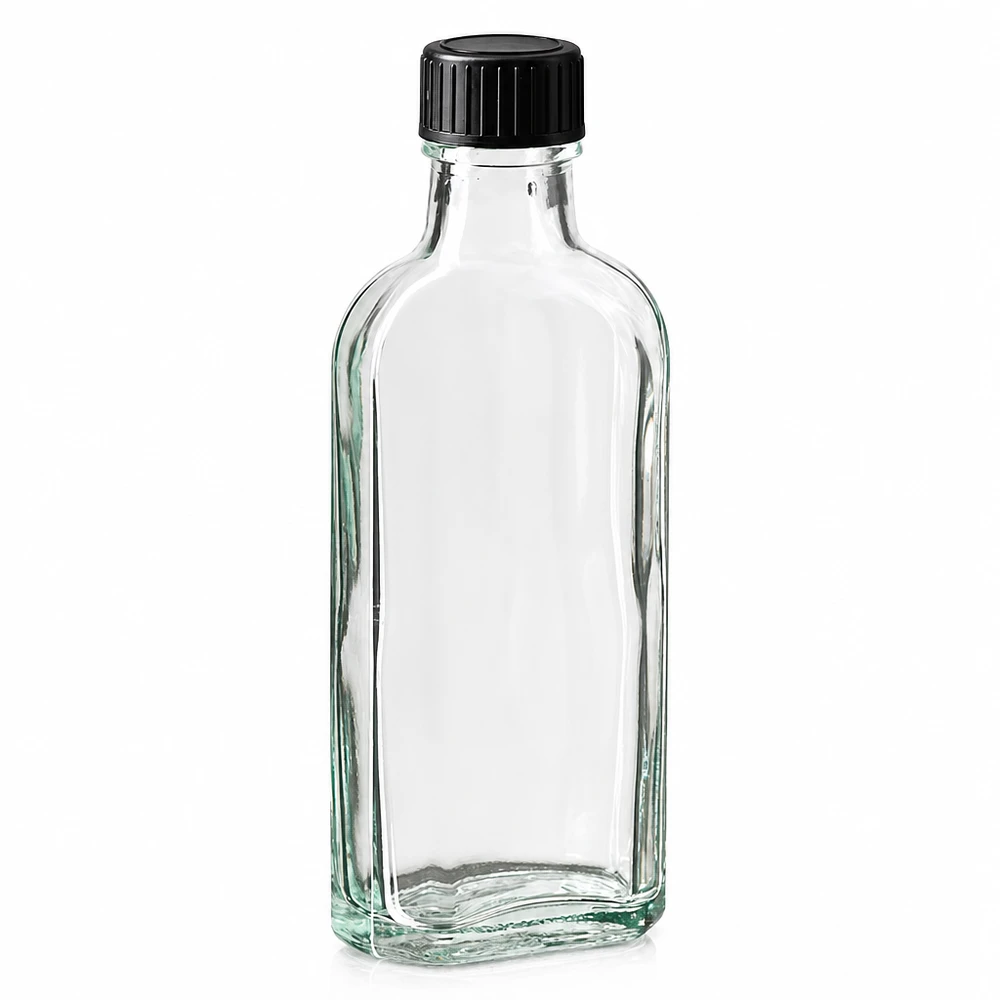 100 ml Meplat genomskinlig skruvkork med EPE-tätningsskiva 100 ml Meplat-flaska i klart glas med svart skruvlock och EPE-tätningsring