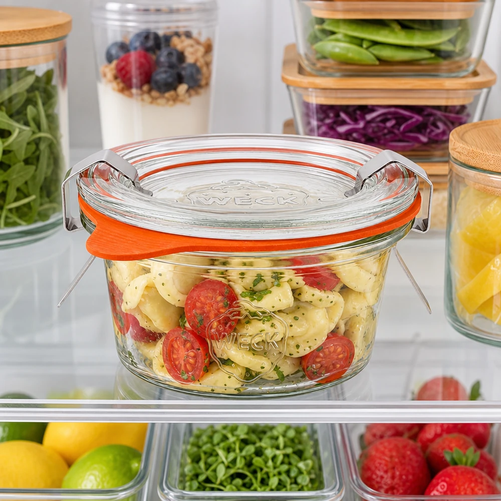 50ml Krossade glasögon komplett WECK RR60 WECK 50 ml-glas RR60 i kylskåpet fyllt med pastasallad mellan andra matbehållare för förvaring