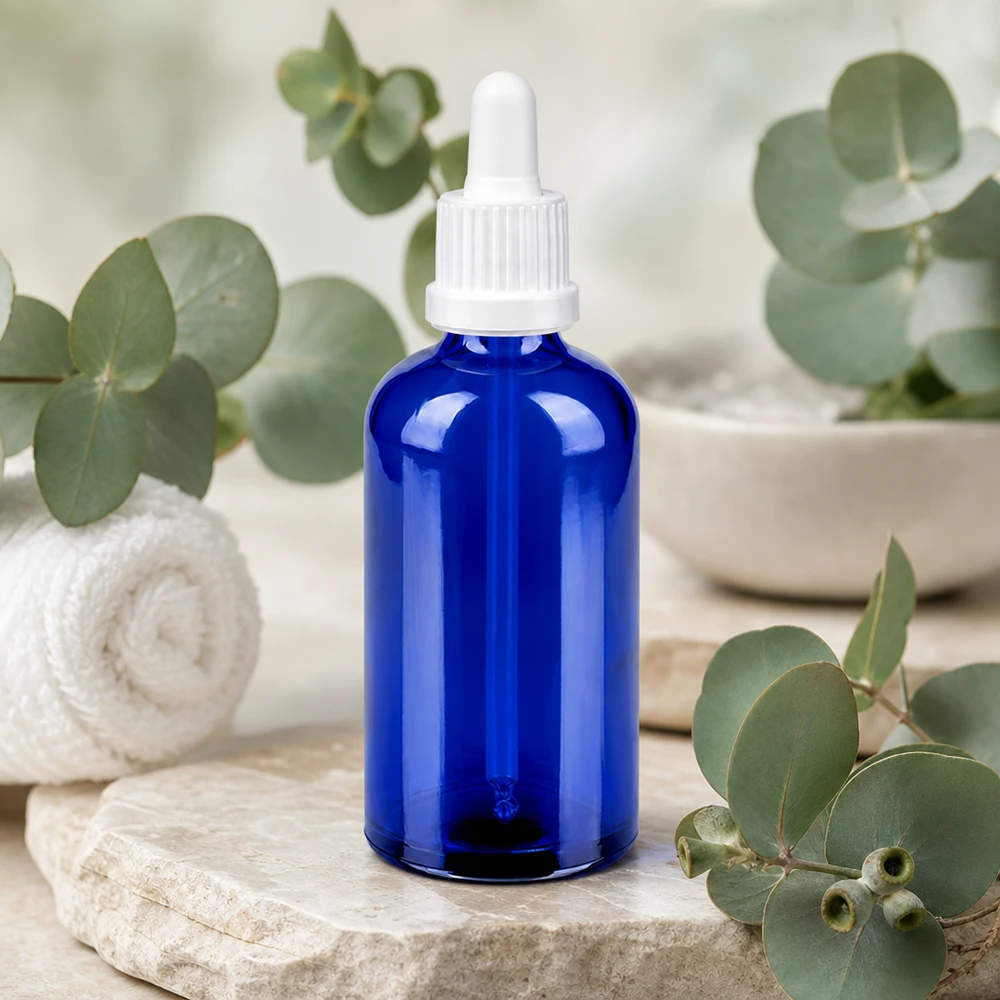 Professionell pipettflaska 100 ml blå med exakt droppsystem för laboratorium och aromaterapi