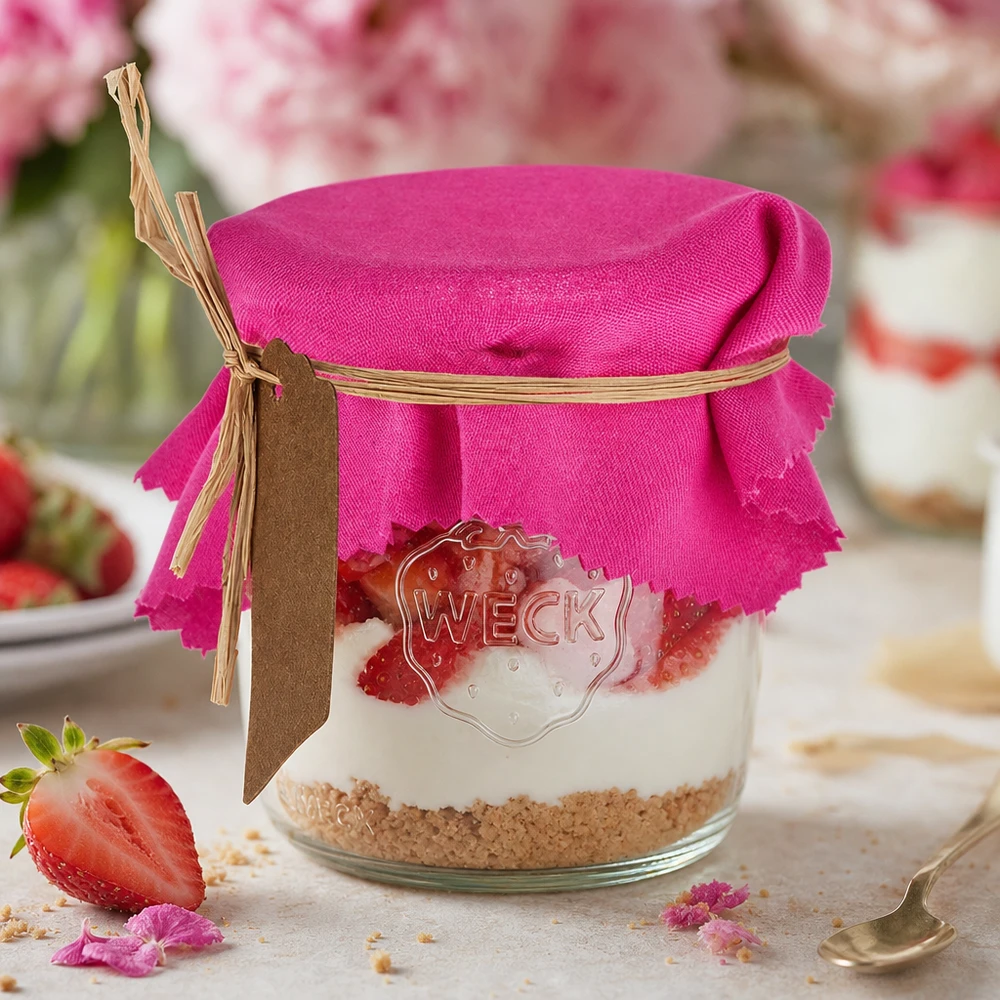 Rosa tygduk 12 cm fyrkantig DIY-dekoration för konserveringsburk med jordgubbsdessert och pysselinstruktioner
