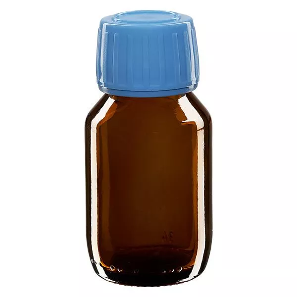 50 ml medicinflaska med brunt, blått lock och säkerhetsring ApoGlas 50 ml medicinflaska med brunt, blått lock och säkerhetsring ApoGlas