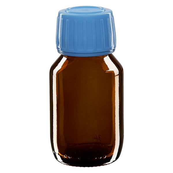 50 ml medicinflaska med brunt, blått lock och säkerhetsring ApoGlas 50 ml medicinflaska med brunt, blått lock och säkerhetsring ApoGlas