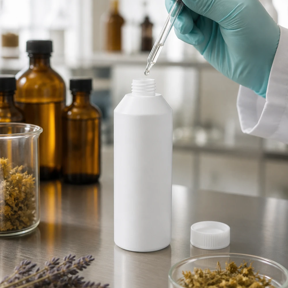En laboratorieassistent fyller en vit HDPE-apotekflaska på 250 ml med en pipett bland örter