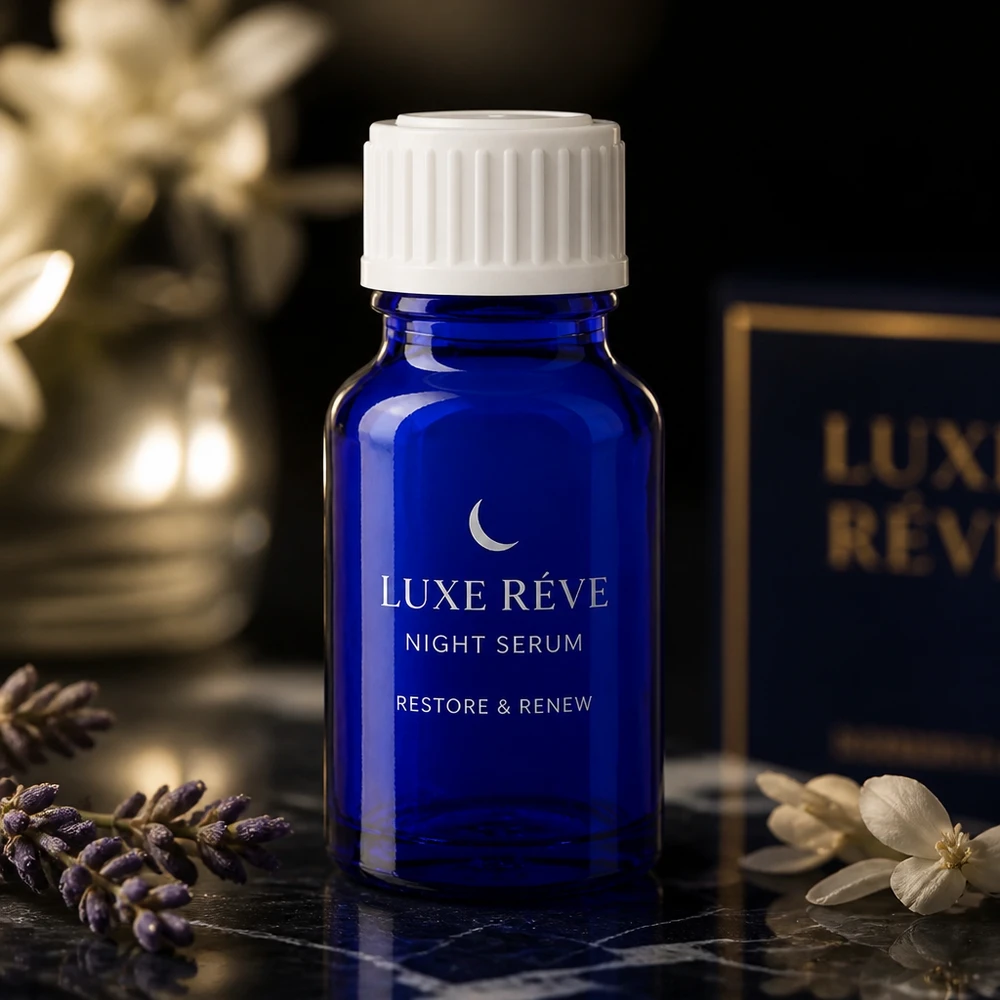 Apoteksflaska blå 10ml skruvkork vit standard Luxe Reve Night Serum i en koboltblå 10 ml apoteksflaska med vitt skruvlock