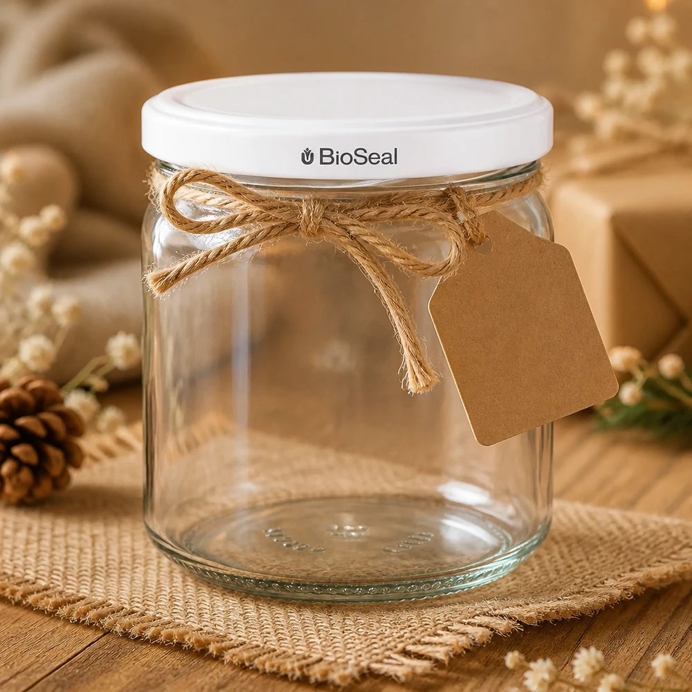 408 ml rund burk med vitt BioSeal-lock UNiTWIST UNiTWIST Runda408 dekorativ mit Juteschleife und Geschenkanhänger - stilvoll verpacktes Einmachglas als Geschenkidee