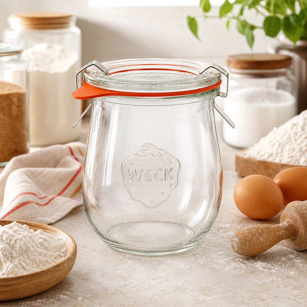 220ml tulpanburk komplett WECK RR60 WECK tulpanburk 220ml RR60 i bageri med mjöl ägg och köksredskap konserveringsburk för bakingredienser
