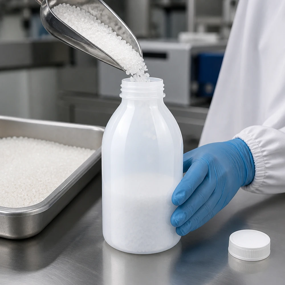 Weißes Granulat wird über Metalltrichter in 500ml Enghals Laborflasche gefüllt