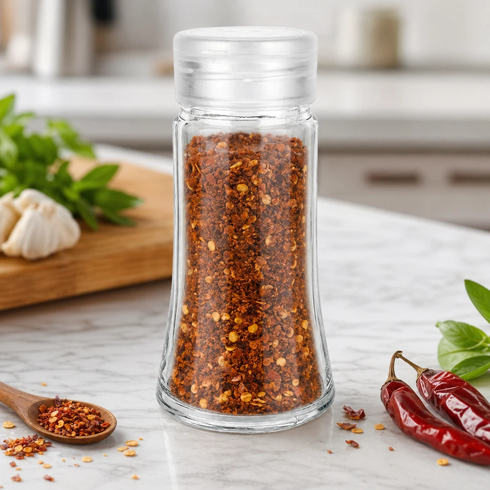 Salt- och kryddburk 95 ml med ströare, vit Genomskinligt kryddglas, 95 ml, med vitt lock med ströfunktion, fyllt med chiliflingor på en marmorkök