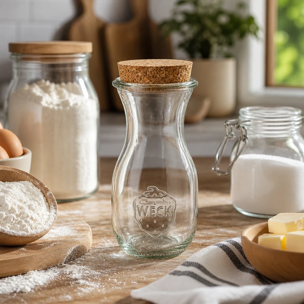 WECK juiceflaska 290ml RR60 tom i kök omgiven av bakingredienser mjöl mjölk smör på träbräda lantlig stil