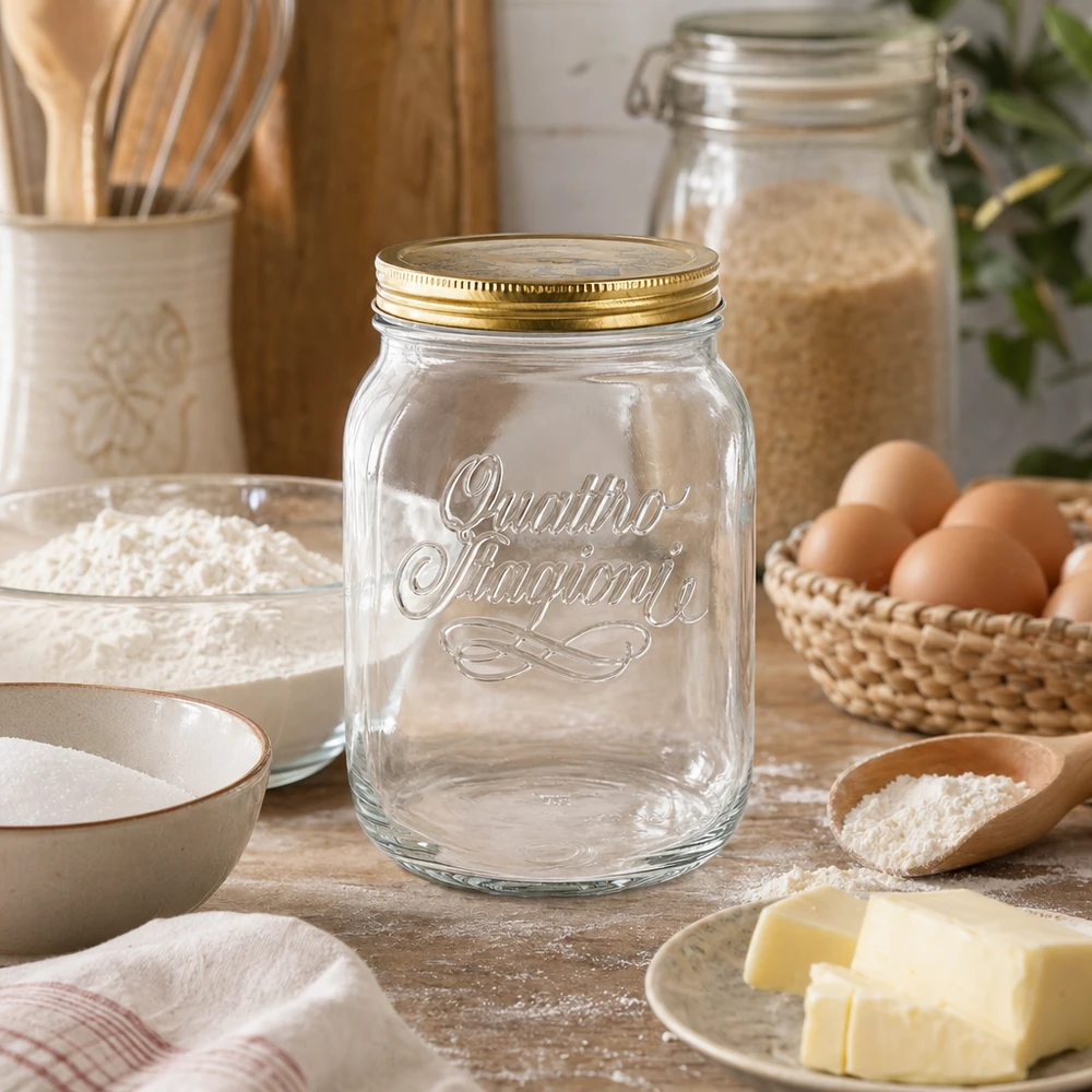 2000ml rund burk "Quattro Stagioni" med lock Quattro Stagioni 2000ml konserveringsburk i rustikt kök med bakingredienser - italiensk förvaringsburk för mjöl