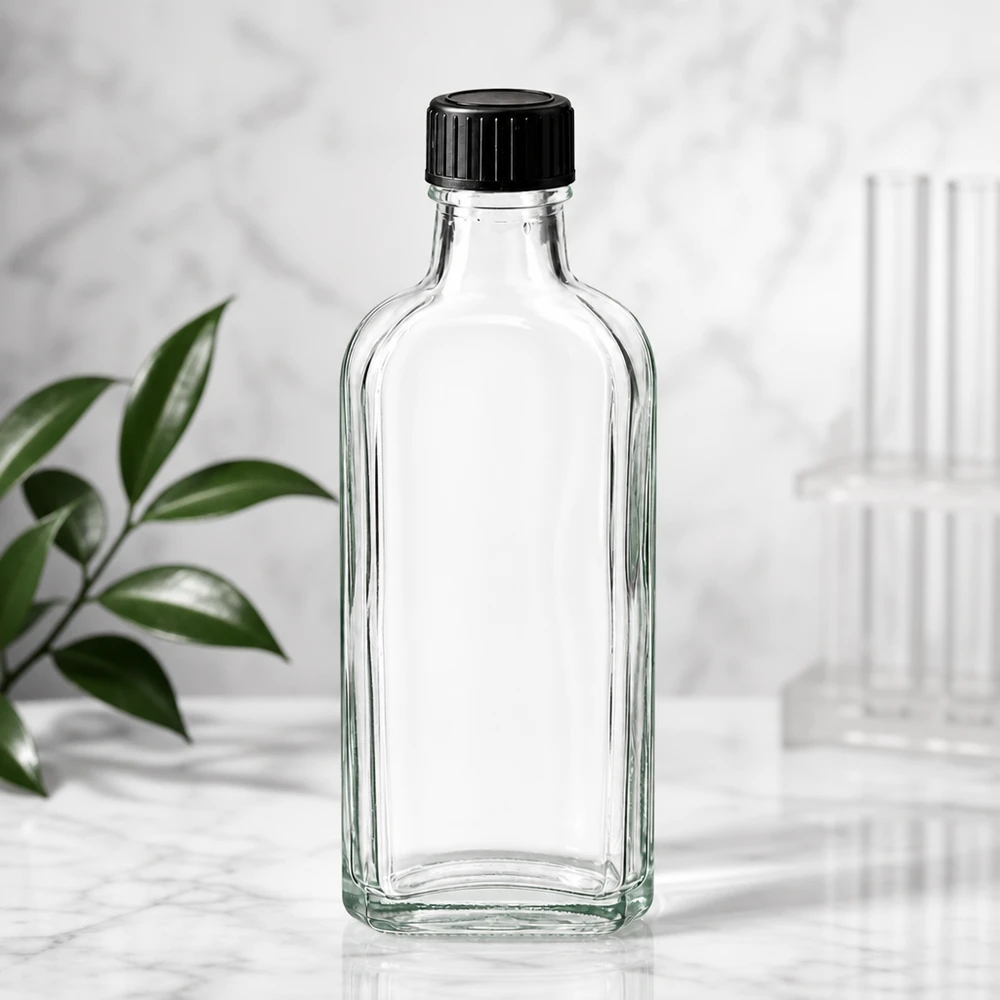 100 ml Meplat klar skruvkork med LKD-tätningsskiva Tom 100 ml Meplat-glasflaska, klar, med svart skruvlock på marmorunderlag