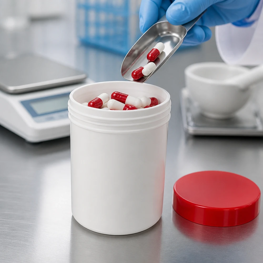 Farmaceutisk fyllning av kapslar i vita 300 g-salvburkar med rött PP-skruvlock