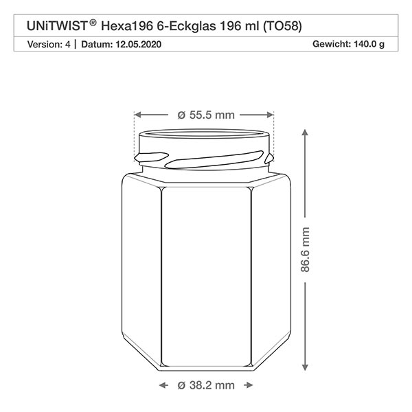 196ml hexa burk utan lock (TO58) UNiTWIST UNiTWIST Hexa196 sexkantig murarburk 196ml TO58 gänga teknisk ritning med dimensioner 55,5mm diameter