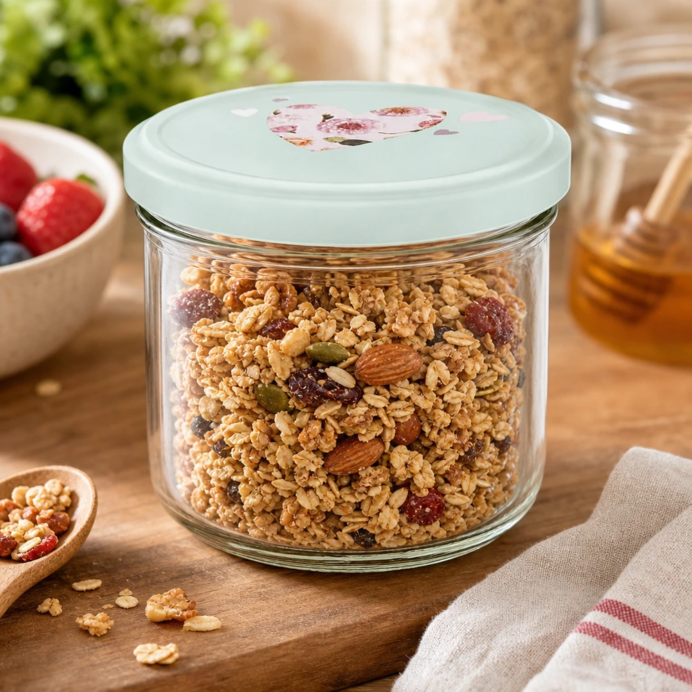 260 ml mugg med BasicSeal-lock fylld med müsli och nötter, glasburk för frukostflingor