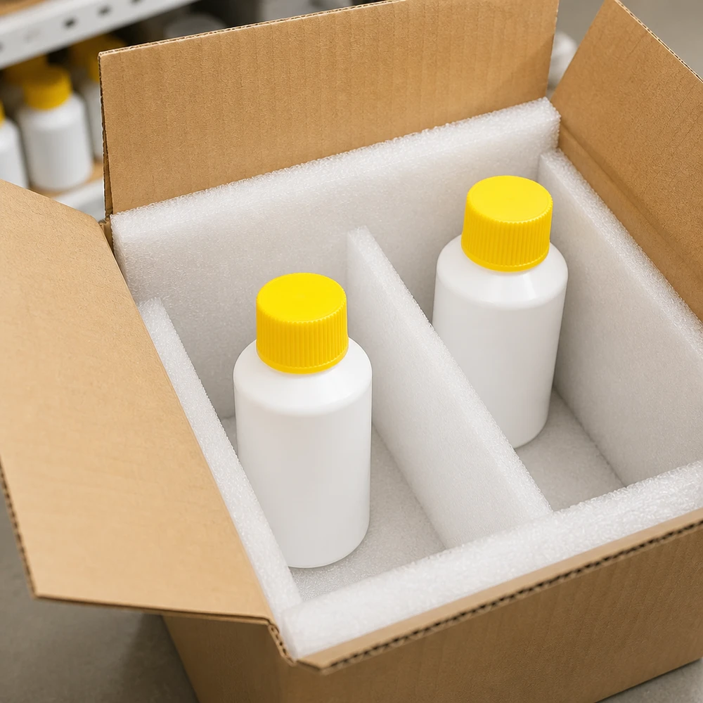 Apoteksflaska HDPE 50ml vit, med gult skruvlock Två vita HDPE-apotekflaskor à 50 ml med gula skruvlock, säkert förpackade i skumplastfoder