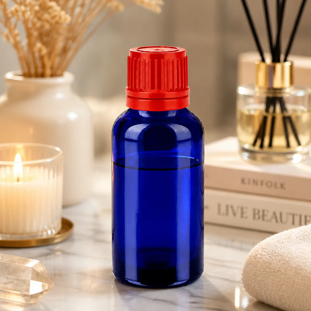 30ml flaska 11mm skruvkork röd sabotagesäker kapsyl BlueLine UT18/30 30 ml koboltblå glasflaska med UT18-gänga för säker förvaring av essenser och tinkturer