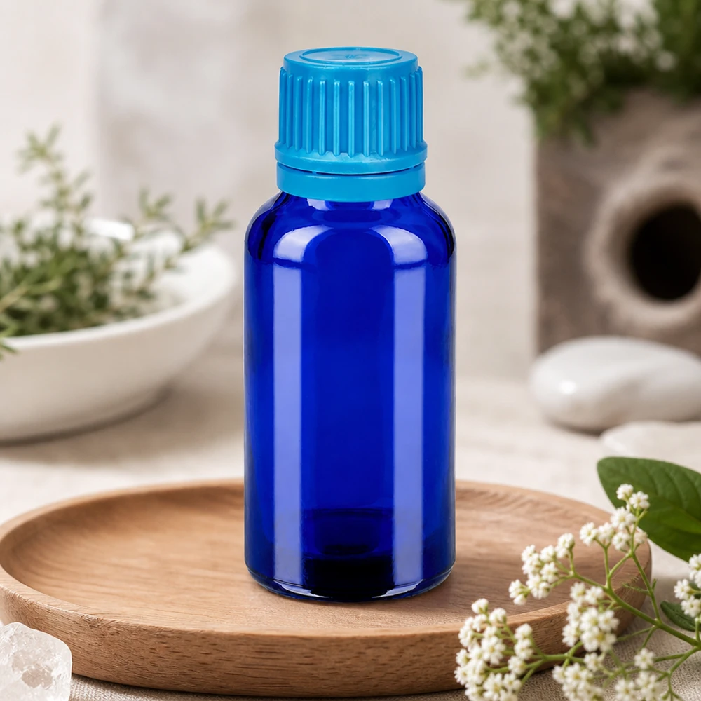 30ml flaska 11mm skruvkork blå säkerhetsgodkänd kork BlueLine UT18/30 Liten 30 ml apoteksflaska av blått glas med barnsäkert lock för säker förvaring