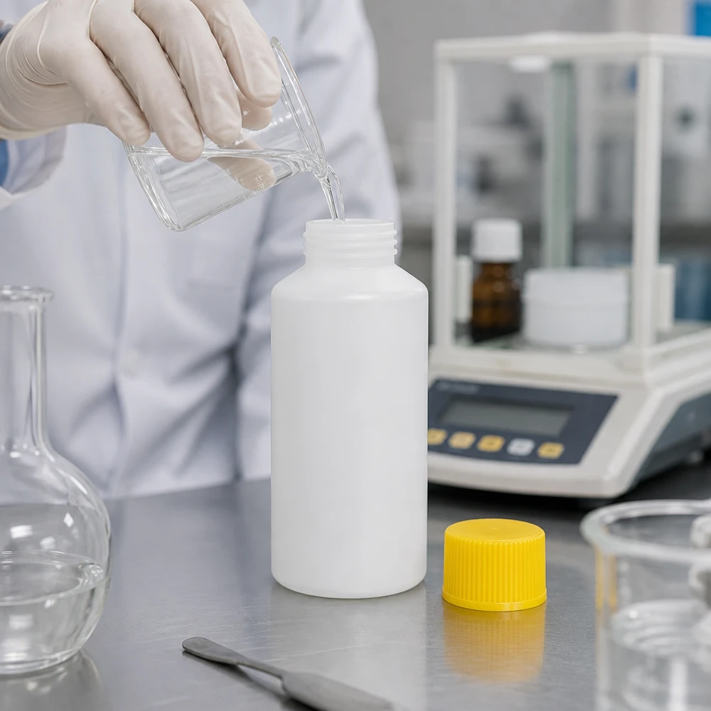 Apoteksflaska HDPE 50ml vit, med gult skruvlock Apoteksflaska, 50 ml, HDPE, vit med gult säkerhetslock, bredvid analysvågen i laboratoriet