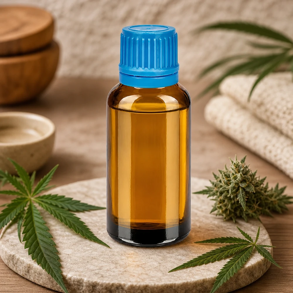 30 ml bärnstensfärgad glasflaska med blått 11 mm skruvlock för professionell produktförvaring