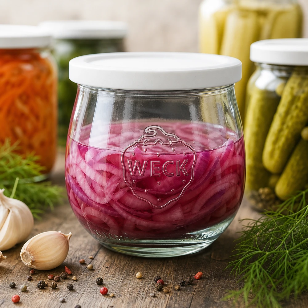 WECK tulpanburk 370ml RR80 med inlagd rödkål bredvid vitlök, pepparkorn och andra konserveringsburkar