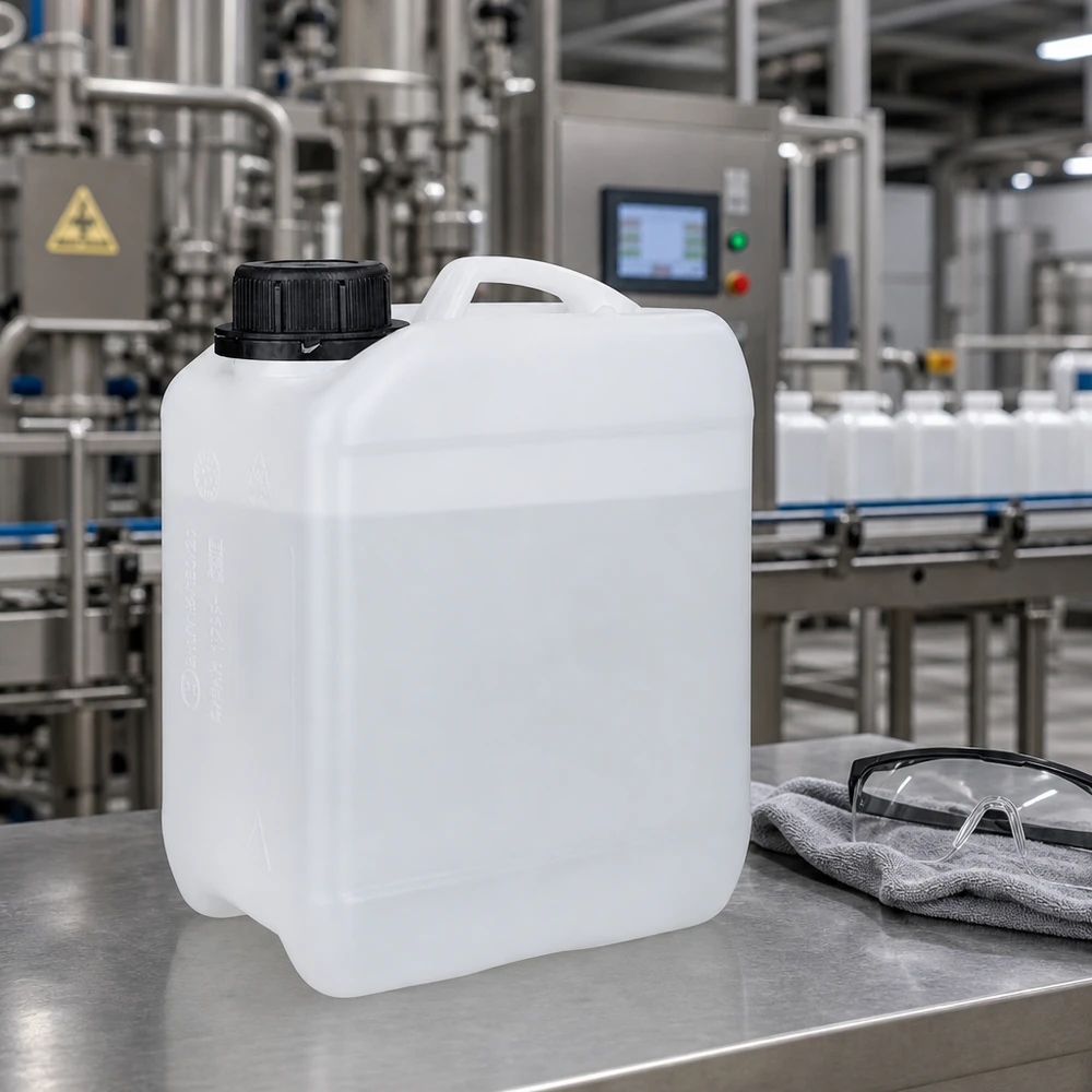 Dunk 2,5 liter med skruvkork och säkerhetsförslutning Kompakt 2,5-litersdunk med OV-skruvlock på en arbetsyta av rostfritt stål i en industriell miljö