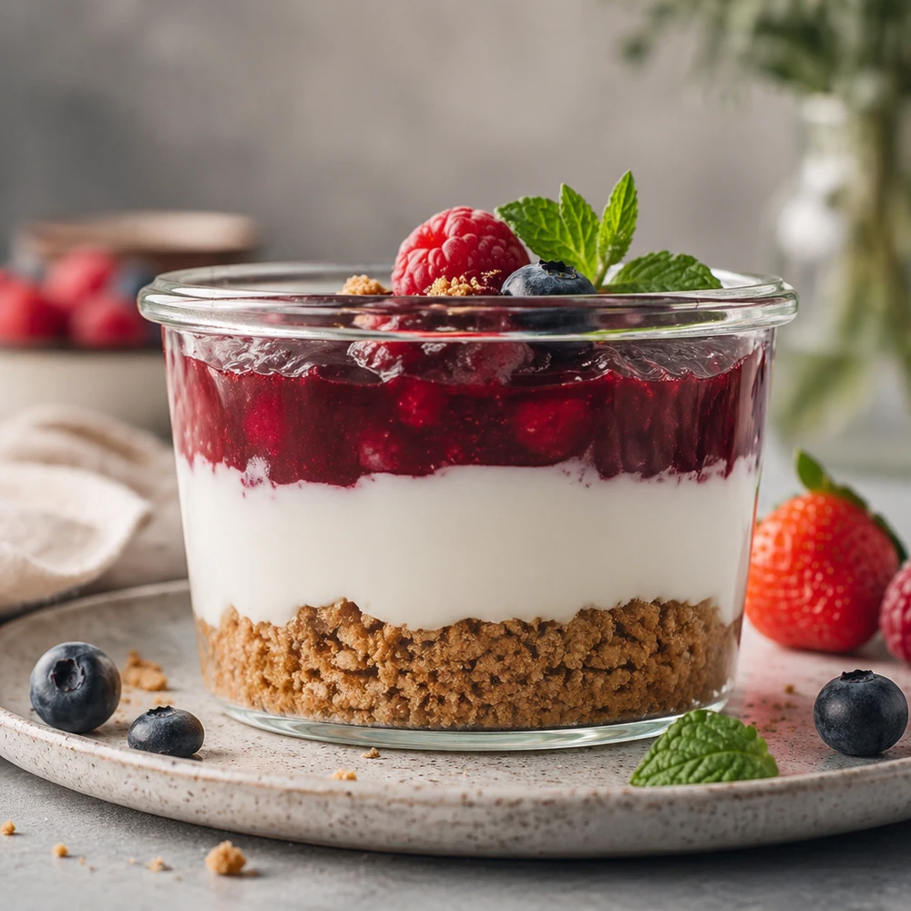 WECK 35 ml murarburk med dessert i lager av kexbotten, vit grädde och bärkompott garnerad med mynta