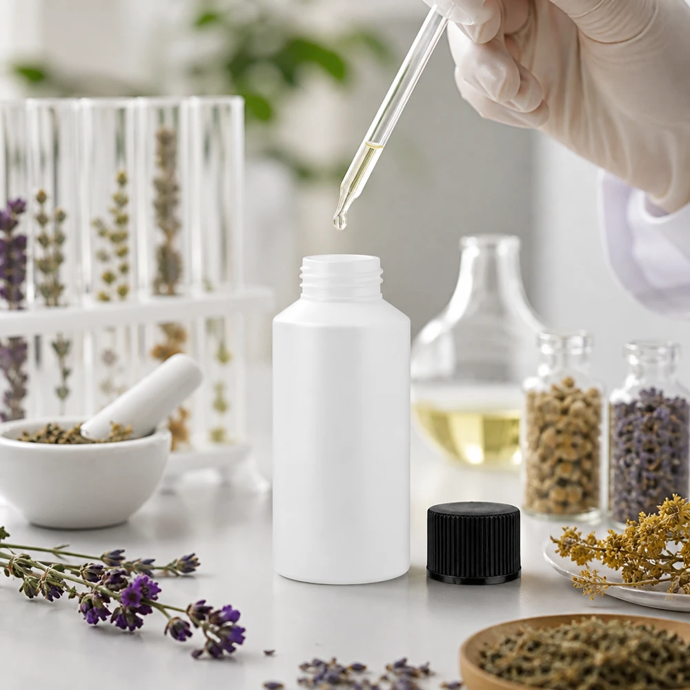 Vit HDPE-apotekflaska på 50 ml med svart lock bland läkeörter och laboratorietillbehör