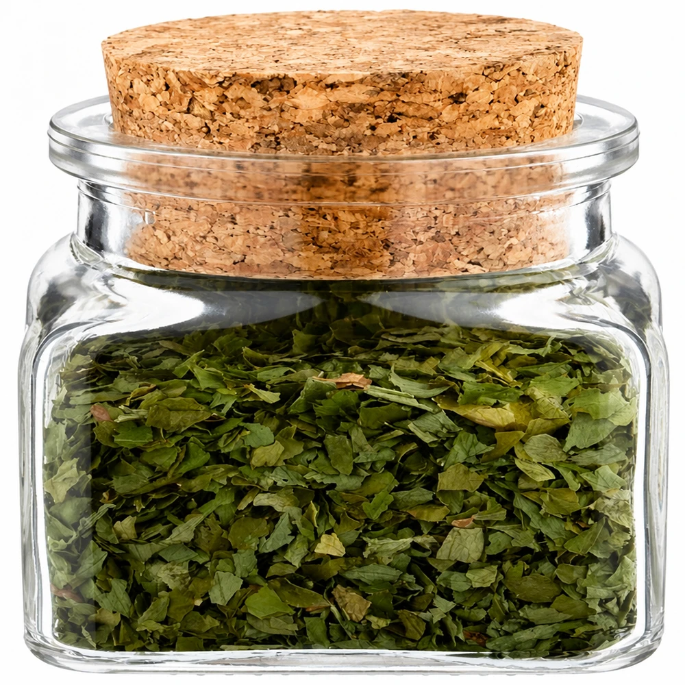 Idé för en kryddburk i glas: Fyrkantig 120 ml klar inklusive kork Quadratus kryddburk 120 ml, genomskinlig med korklock, fylld med torkade gröna örter