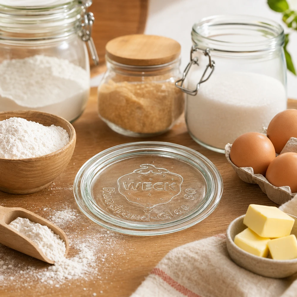WECK RR80 glaslock omgivet av bakingredienser som mjöl, ägg, smör och mjölk i ett rustikt kök på ett träbord