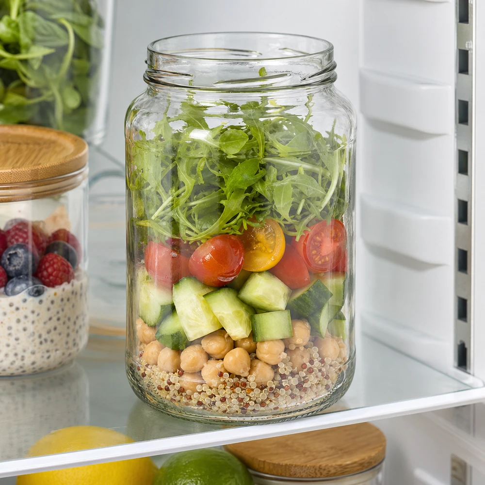 1700ml rund burk utan lock (TO100) UNiTWIST UNiTWIST Runda1700 tumlare 1700ml TO100 med lagrad sallad quinoa kikärtor gurka tomater ruccola i kylen
