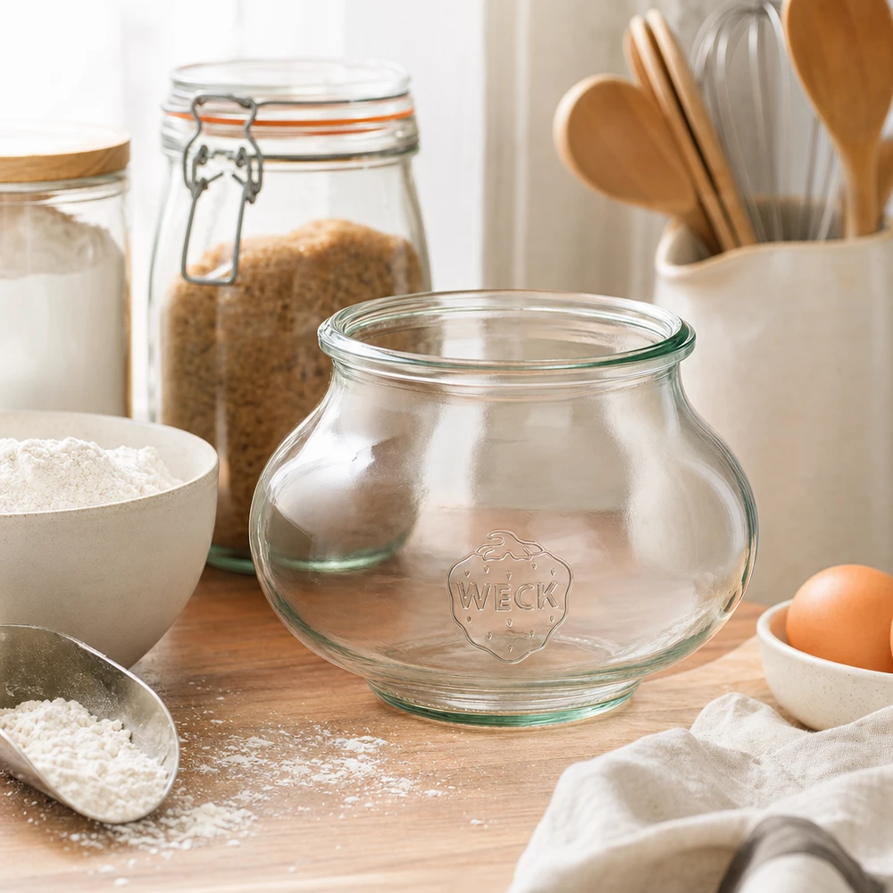 560 ml dekorativ burk WECK RR80 WECK dekorativ burk 560ml RR80 tom burk i köksscen med bakingredienser mjöl ägg och träredskap
