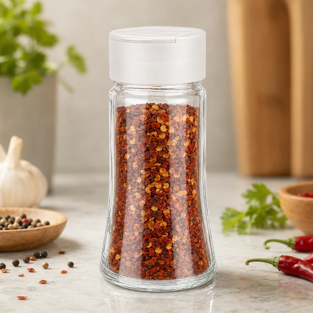 Salt- och kryddburk 95 ml med dubbel ströare, vit Kryddströare i glas, 95 ml, fylld med chiliflingor, vitt plastlock, dubbel ströare