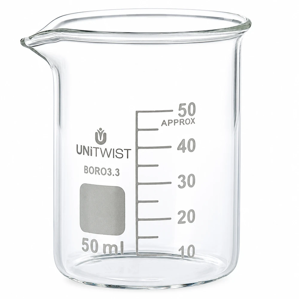 50 ml bägare av borosilikatglas, låg form med skala, UNiTWIST BORO 3.3, transparent