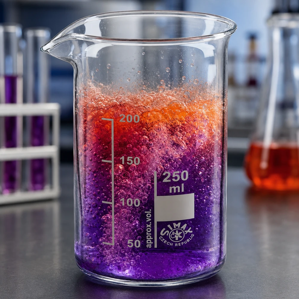 Bägare, 250 ml, hög modell, med violett-orange reaktionsvätska och bubblor i laboratoriet